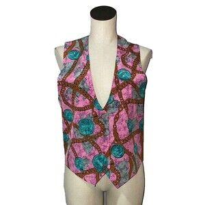 Spenser Jeremy Womens Vintage Silk Vest size M Button Down Chain Medallion Print